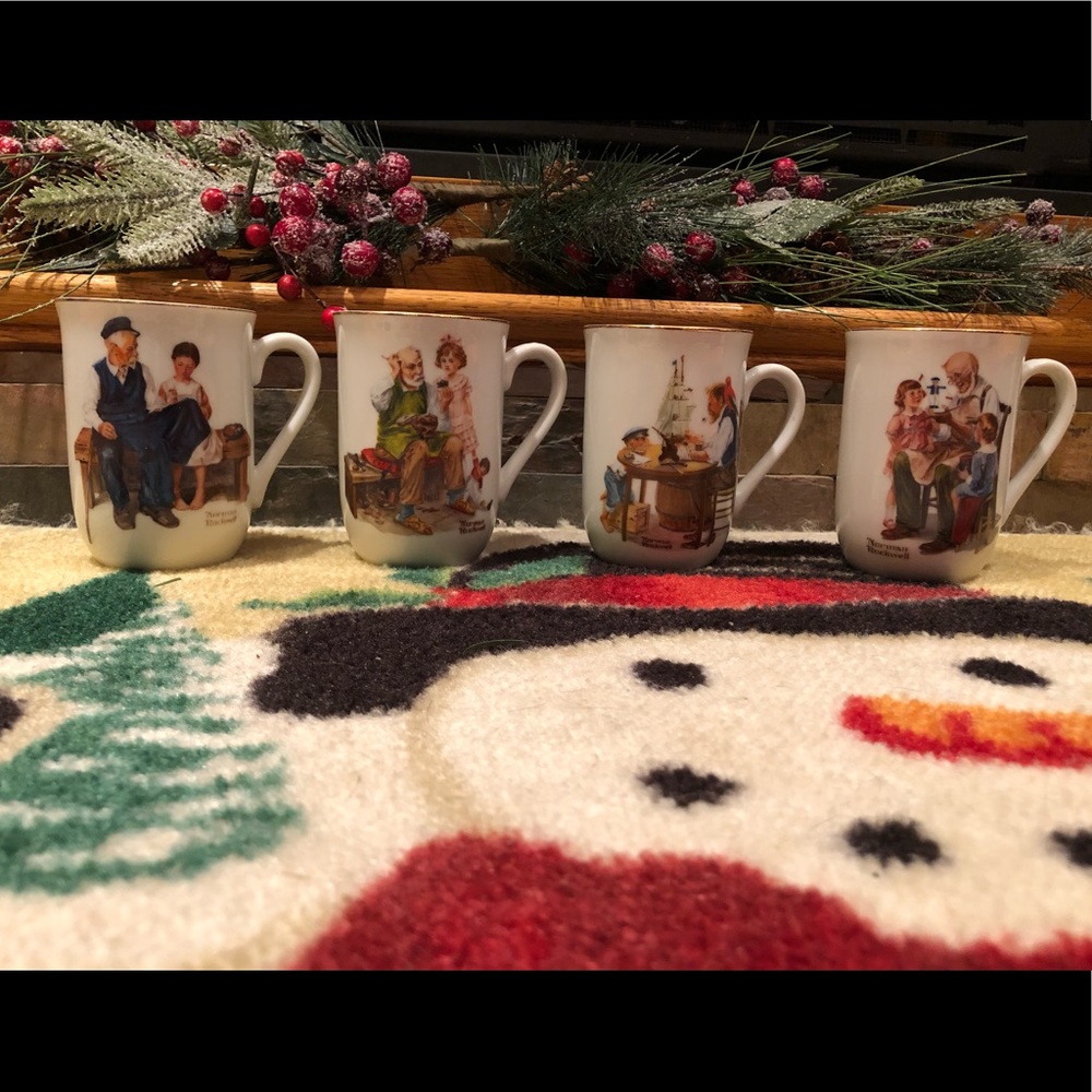 Vintage 1982 Norman Rockwell Museum Fine Porcelain Mugs Gold Trim Set of 4